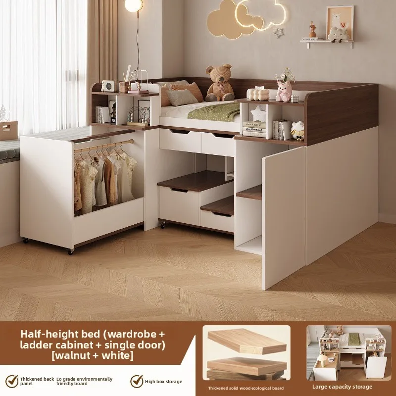 Half-height bed with wardrobe and desk integrated combination