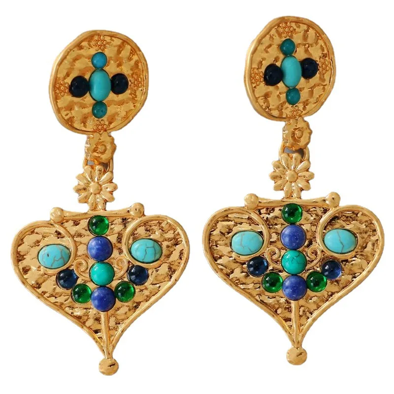 Vintage Statement Rhinestoned Green Blue Stone Heart Earrings Women Jewelry Runway Party T Show Fancy Trendy Boho INS Japan