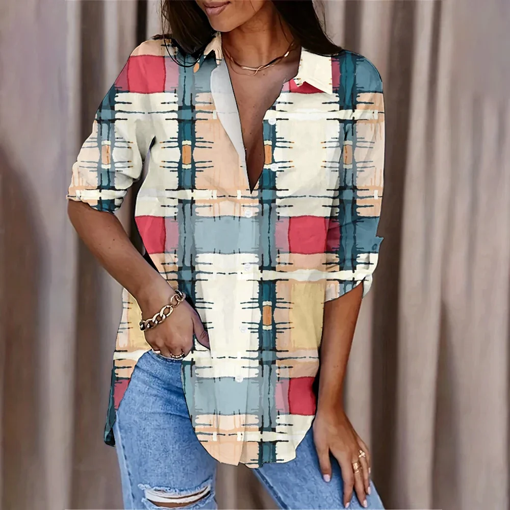

Fashion Bohemian Colorful Geometric Print Long Sleeved Lapel Comfortable Women's Shirt Spring And Autumn Breathable Casual Tops