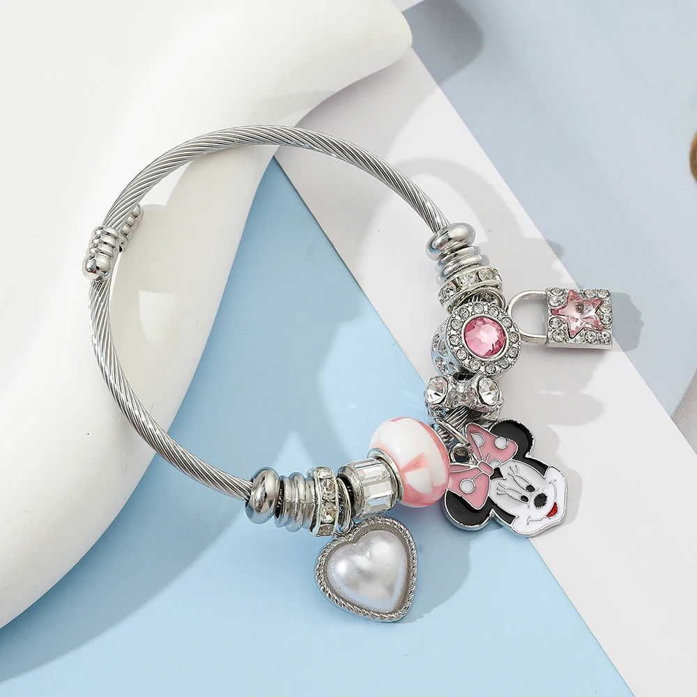 Anime Minnie Bracelet Ins Silver Plated with Imitation Pearls Heart Pendant Accessories