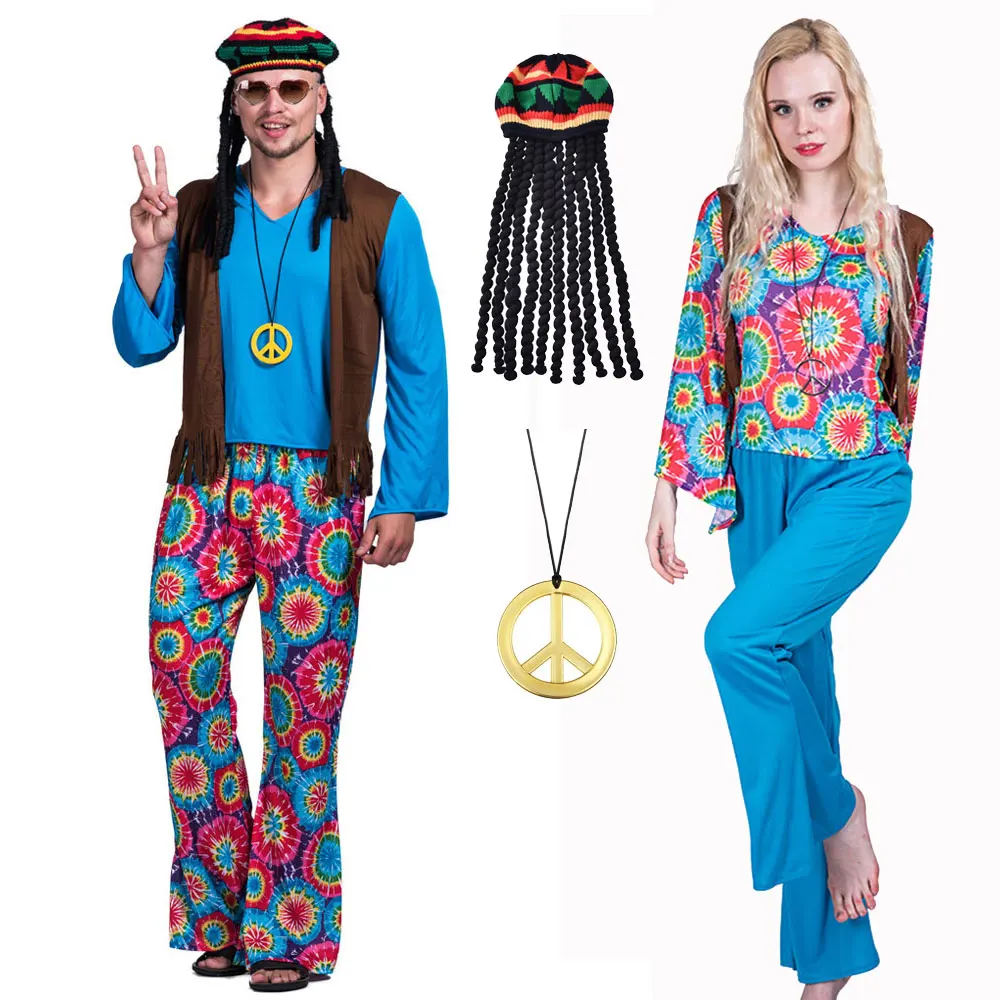 Männer Frauen Hippie Liebe Frieden Kostüm Phantasie Karneval Herren Vintage 70er Jahre Weste Party Hippie Outfit Kostüm