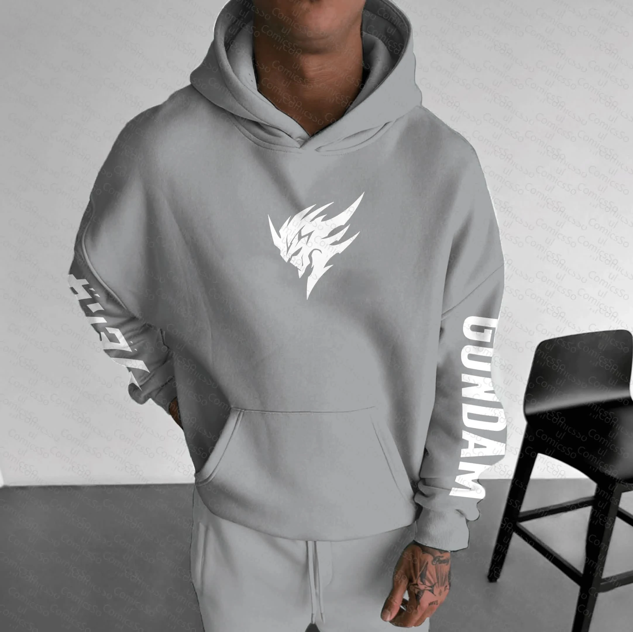 กางเกงจ็อกเกอร์ลายอนิเมะเมชาทรงหลวมสำหรับผู้ชายและผู้หญิง สีเทา สไตล์ลำลอง สตรีทแวร์ เหมาะสำหรับฤดูใบไม้ร่วงและฤดูหนาว ใส่วิ่งออกกำลังกาย ยูนิเซ็กซ์