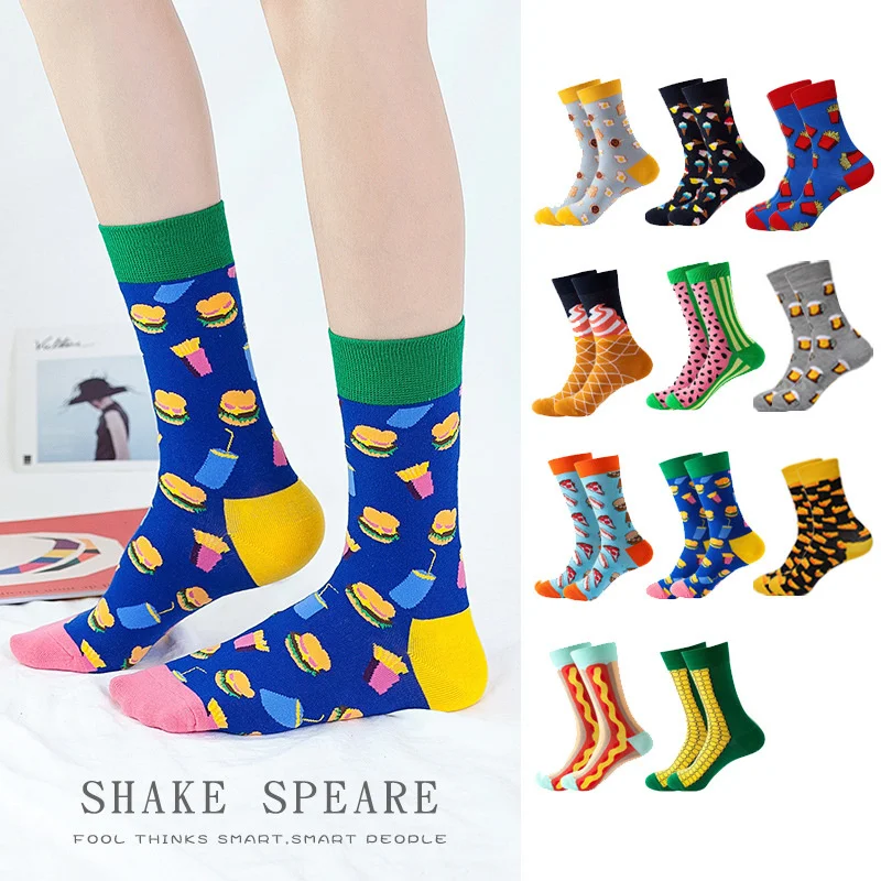 2pairs/lot Women Sock Happy Funny Street Harajuku Skateboard Food Hamburg Fried Egg Toast Ice Cream Hamburg Fries Maize Sock