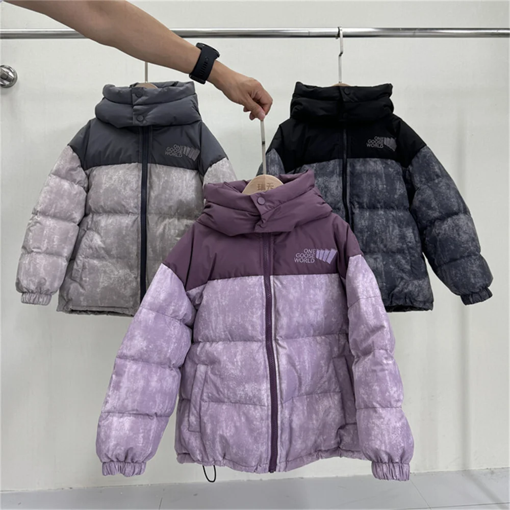 2024 Winter Children\'s Down Jacket Thickened Down Jacket for Boys And Girls Tie Dyeing Color blocked Hooded Down Jacket 24285