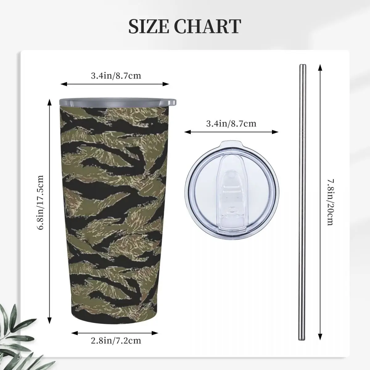 US Army Camouflage Tiger Stripe Stainless Steel Tumbler Vacuum Insulated Mug Thermal Cold Cup Straw With Lid 20oz