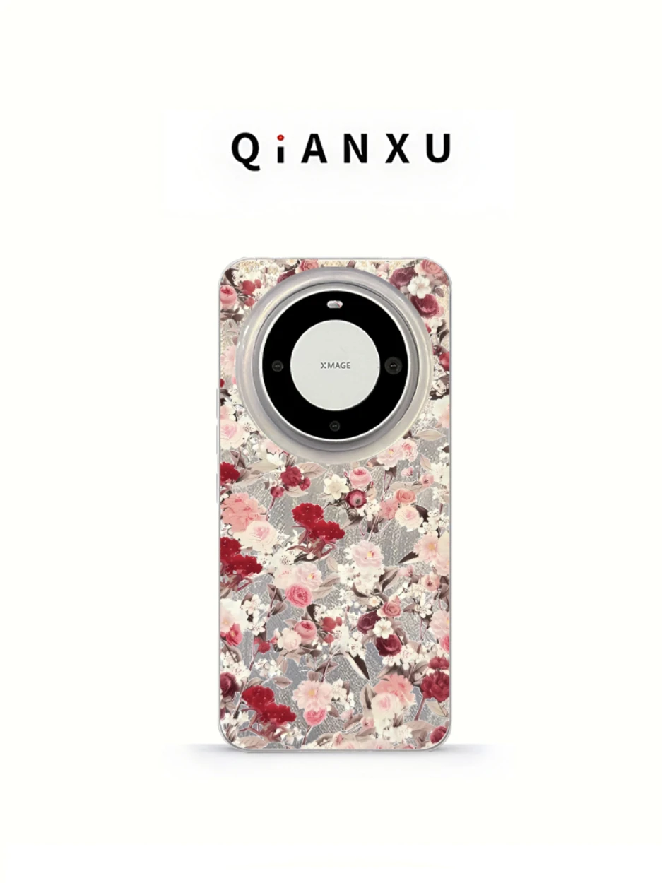 

QX Soft Silicone Rose Patterned Phone Case for Mate 60 pro Women's Elegant Simple Style Protective Cover with Lanyard