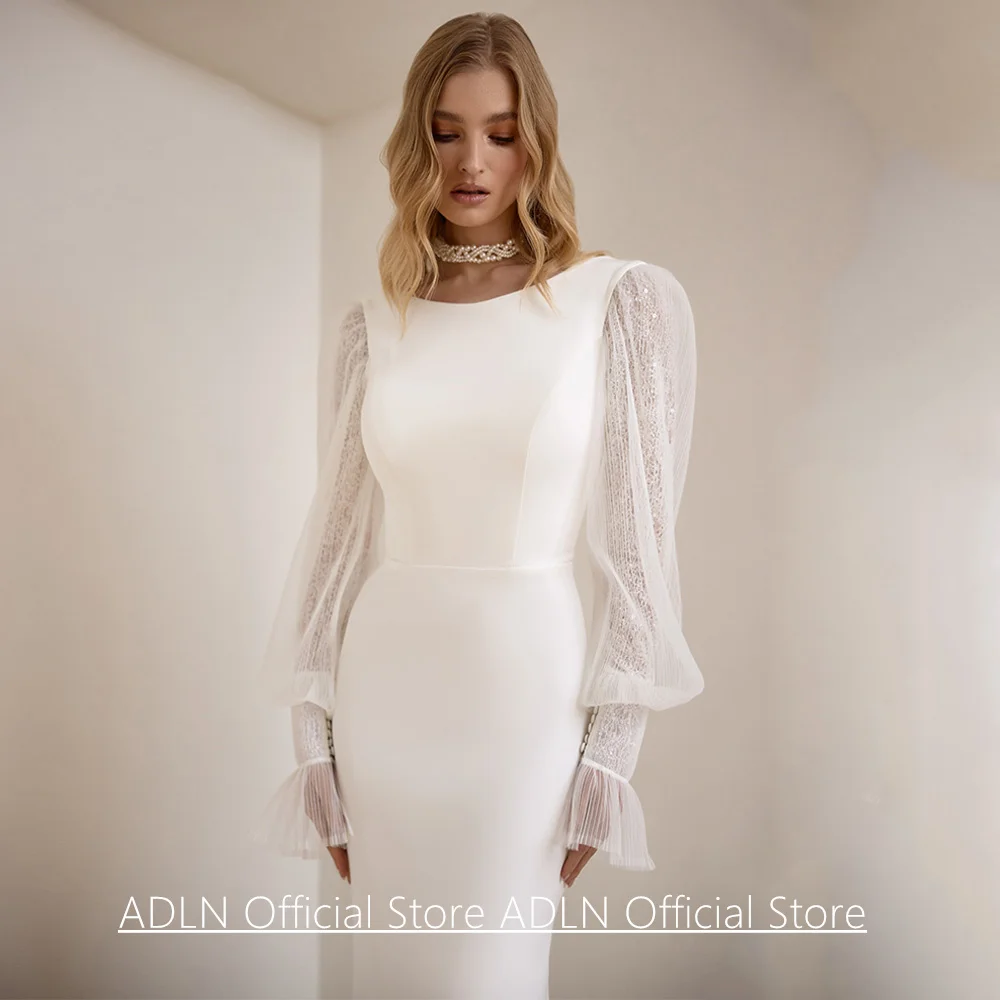 인어 웨딩 드레스 맞춤형 스쿠프 넥 퍼프 슬리브 코트 트레인 스트레치 여성 신부 가운 이슬람 신부 드레스