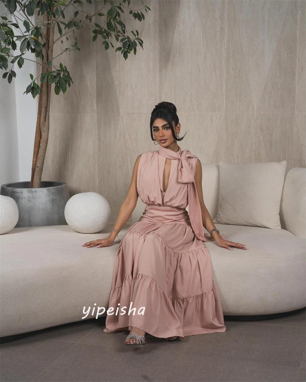 Prom Dress Saudi Arabia Satin Pleat Cocktail Party A-line High Collar Bespoke Occasion  Floor Length