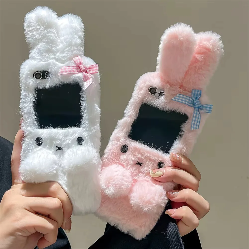 Cute Bow Bunny Folding Fur Case for Samsung Galaxy Z Flip Fold 3 4 5 6 Plush Embroidered 3D Cartoon Rabbit Phone Cover