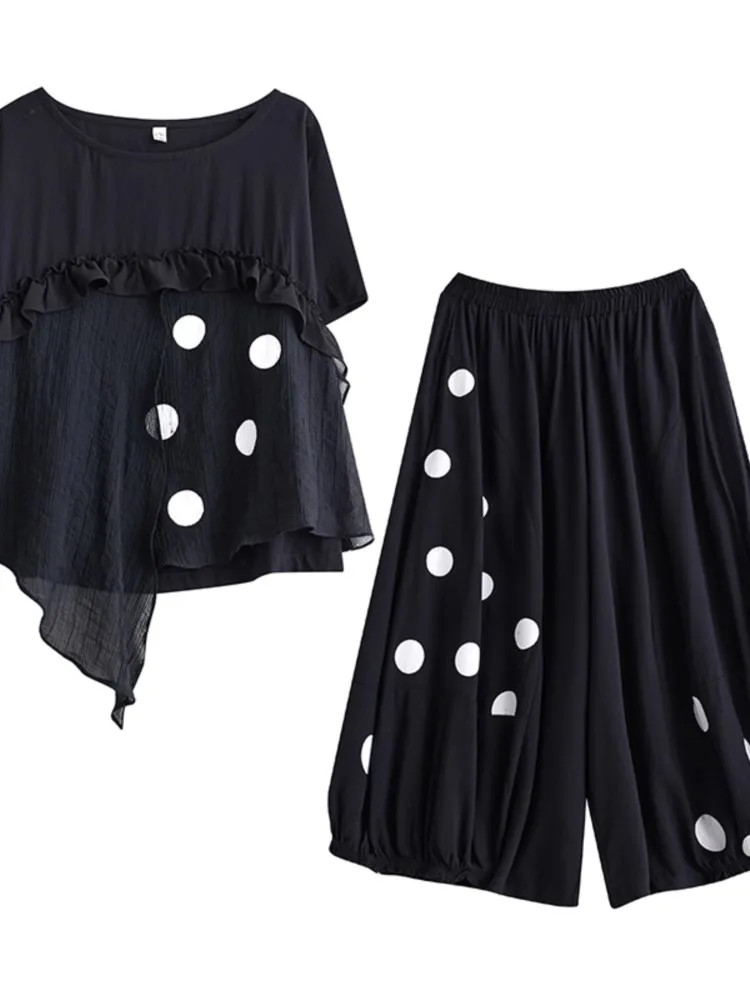 Oversized Polka Dot Print Summer 2 Two Piece Set Women Irregular Fashion Ladies Blouses Casual Loose Pleated Woman Lantern Pants