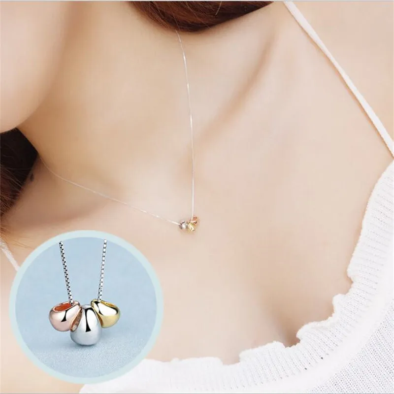 Neue Einfache Temperament Drei-farbe Engel Ei 925 Sterling Silber Schmuck Goldene Bean Schlüsselbein Kette Anhänger Halsketten XL014