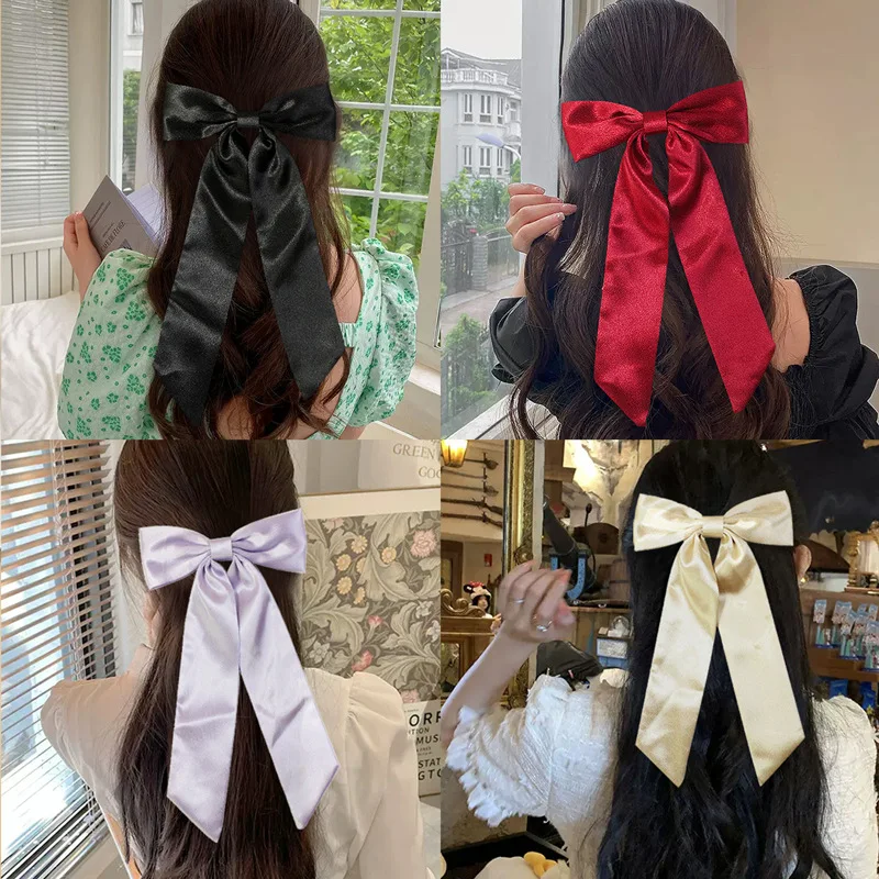 

Women Large Bow Hair Clip Girls Big Vintage Bow Hairpins Silk Satin Barrette Female Solid Color Ponytail Clip Hair Accessories