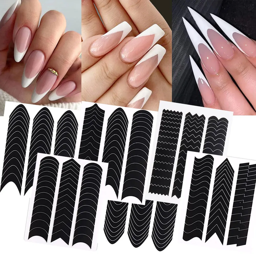 3D Airbrush Stencils Nail Stickers for French Tips Self-adhesive Wavy Lines Strips Nail Decals French Tips Guide Tool Nail Decor