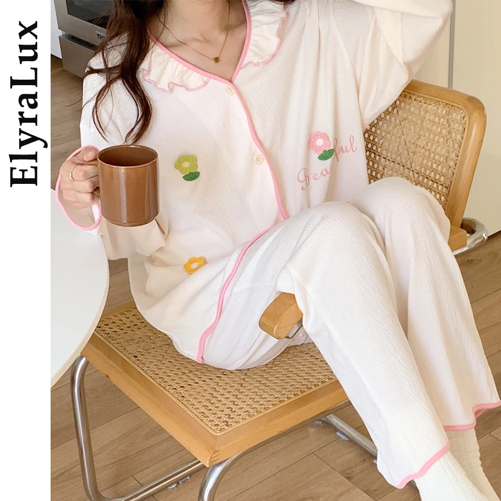 

ElyraLux женский милый пижамный комплект с рюшами и воротником с вышитыми цветами, мягкая хлопковая одежда для сна, одежда для дома с длинными рукавами