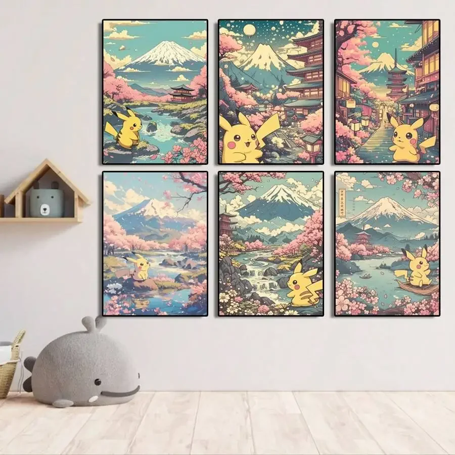 6 Styles Anime Pokemon Posters Pikachu Cherry Blossom Cartoon Wall Art Modern Children Room Home Decoration Girl Gift Unframe