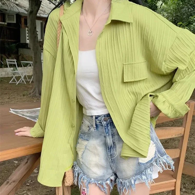 Summer Casual Loose Button Thin Shirt Women Spring Summer Solid Long Sleeve Turn-down Collar Tops Streetwear Chic Cardigan