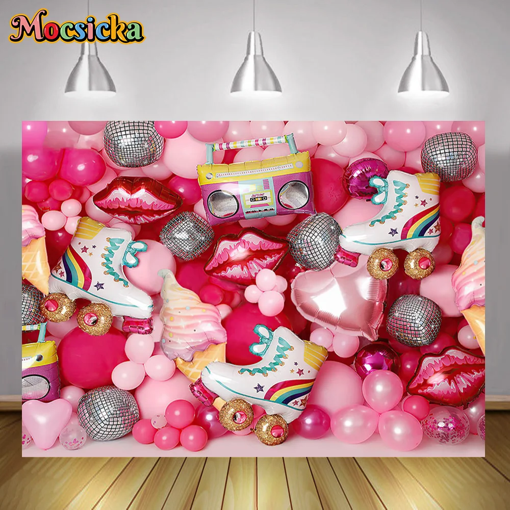 Mocsicka Children Birthday Backgrounds for Photography Pink Balloon Wall Skates Cake Smash Props Kids Photo Photocall Backdrop