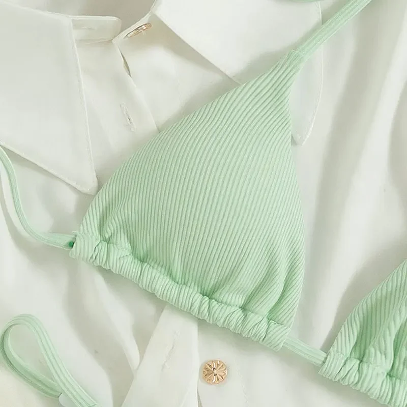 2025 Special Pit Stripe Fabric Bikini Set Women Sexy Simple Solid Halter Bikini Swimsuit High Waisted Lace Up Beach Bathing Suit