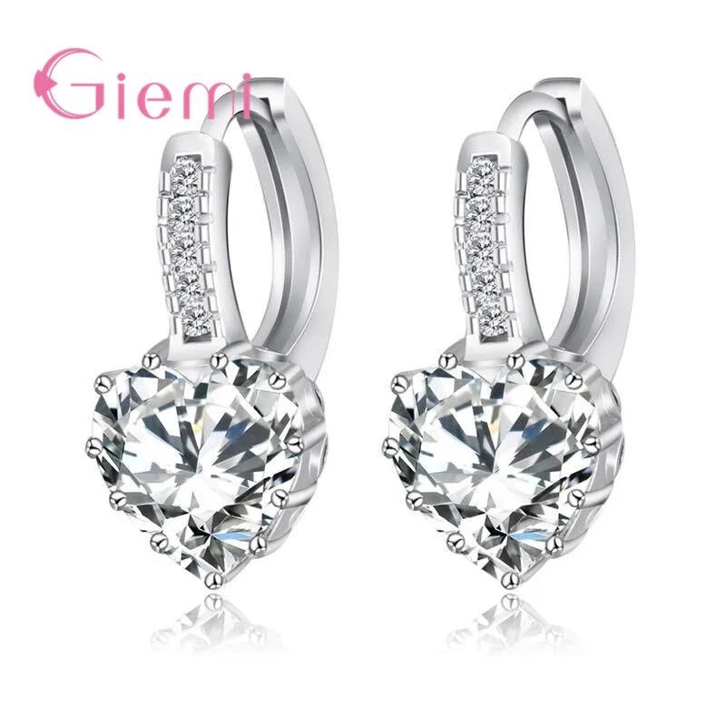 Romantic Heart Crystal Loop Lever Back Hoop Earrings Austrian Cubic Zircon 925 Sterling Silver Jewelry for Women Fashion Gifts