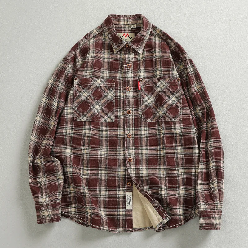 Vintage Plaid Men's Shirt Japan Style Classical Workwear Big Pocket Loose Casual Cotton Long Sleeve Blouse Business Casual Coats
