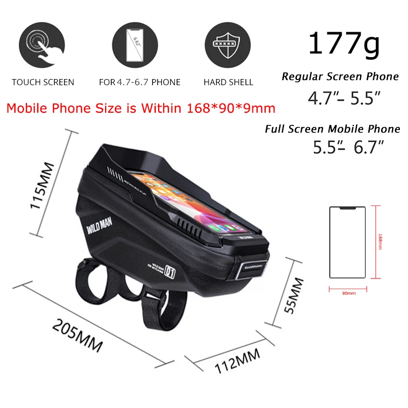 WILD MAN Rainproof Bicycle Bag Hard Shell Bike Front Bag Touch Screen Cycling Bag 6.7 Inch Phone Case Bag Bicycle Accessories