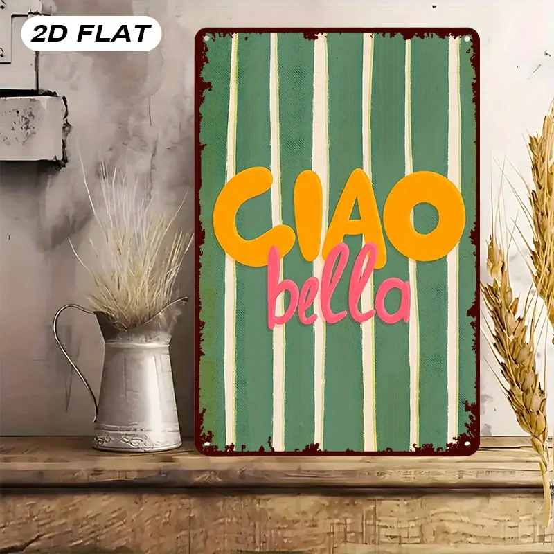 Ciao Bella Vintage Green Striped Wall Sign Italian Quote Decor for Home Kitchen Cafe - Decorative Art