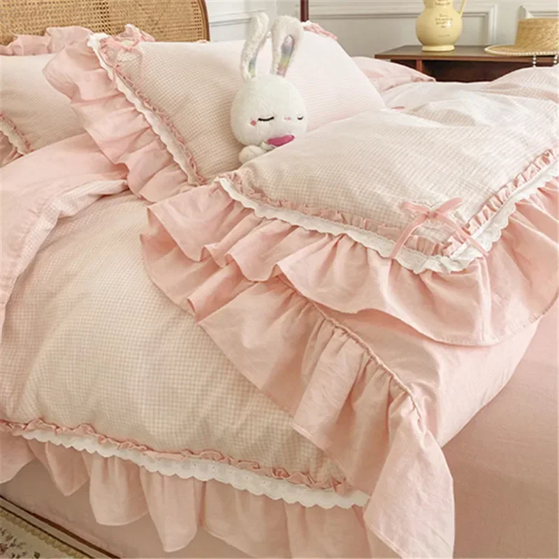 

Korean Princess Style Bedding Set Soft Skin Friendly Pure Cotton Plaid Ruffles Quilt Duvet Covers Set Bed Sheets and Pillowcases