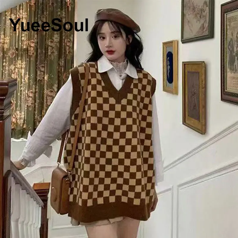 Argyle Sweater Vest Brown Sleeveless Pullover Knitted Waistcoat 2025 Autumn New Y2K Vintage High Street Women's Vests Outerwear