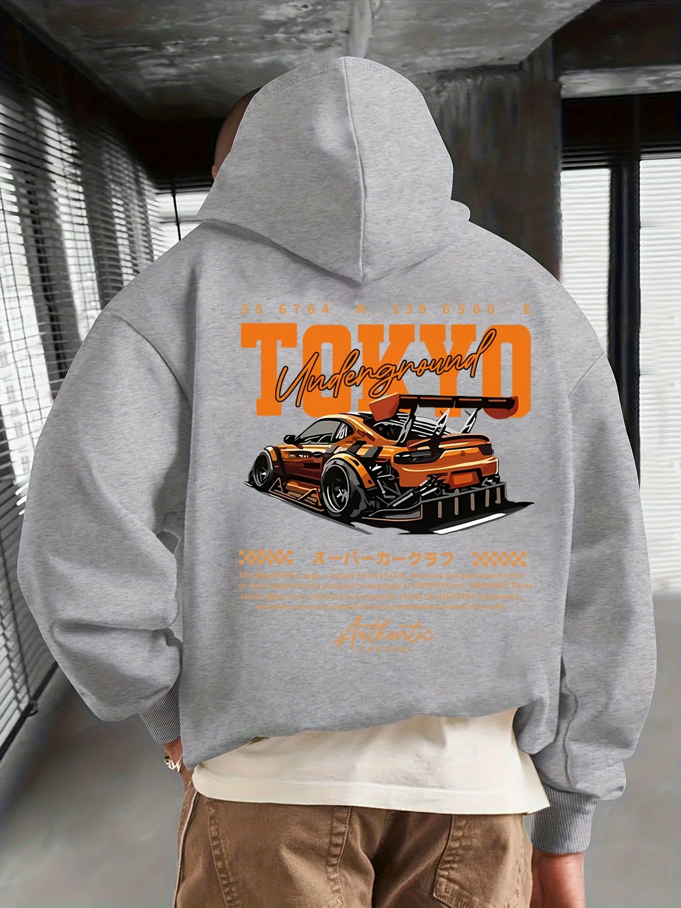 Men's Autumn-winter Japanese-style Car Print Hooded Fleece Pullover, Versatile Sporty Casual Loose-fitting Hoodie