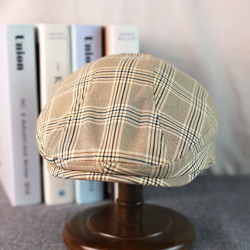 Spring Summer Linen Newsboy Cap New Beige Plaid Breathable Beret Men\'s Women\'s Literary Retro Hat England Hats Male Hats A-36