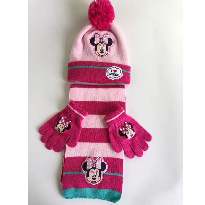 Disney Mickey Scarf Hat and Glove 3Sets Elsa and Anna Accessories Winter Keep Warm Knitting Woolen Yarn Frozen Head Cap for Kids