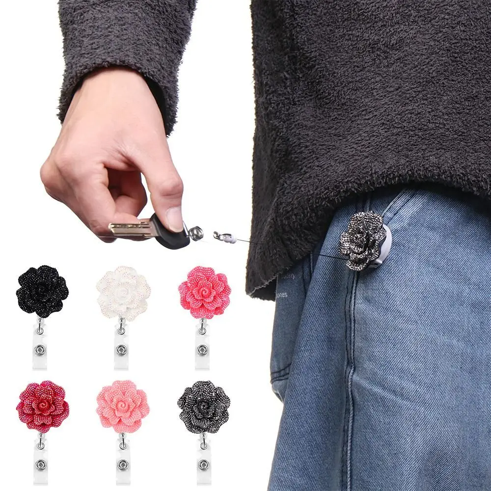 New Rose Shape Design Badge Reel Resina Retrátil Enfermeira ID Card Badge Reel Holder Elegante Floral ID Holder Lanyard Chaveiros