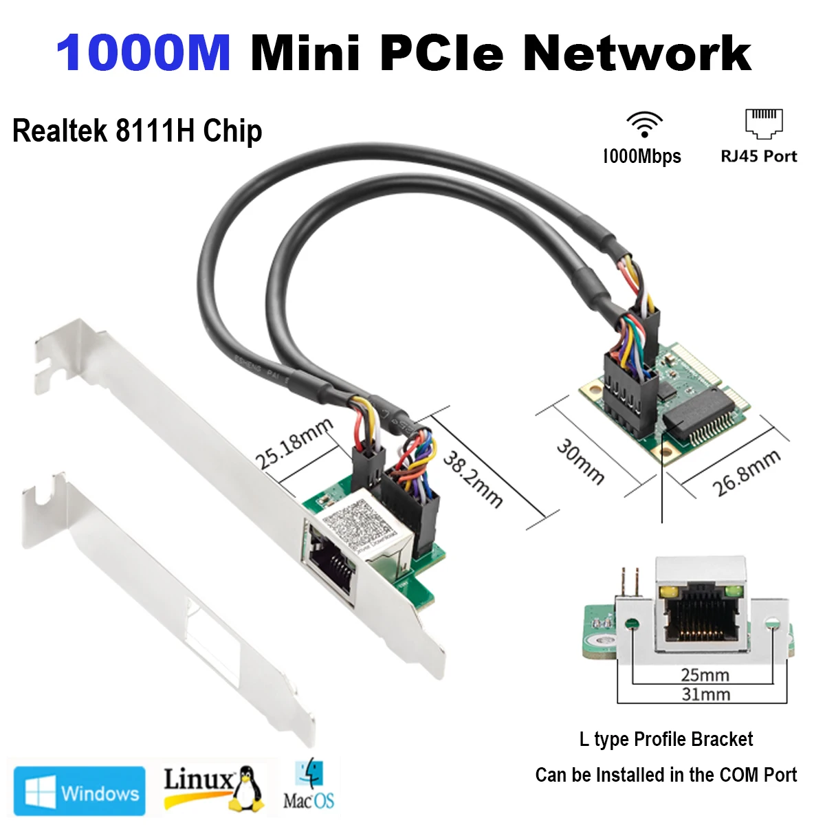 IOCREST Mini PCIe 1000M Gigabit Ethernet RJ45 Port Adapter 10/100/1000 Mbps Network LAN Controller Card NIC Realtek 8111H Chip