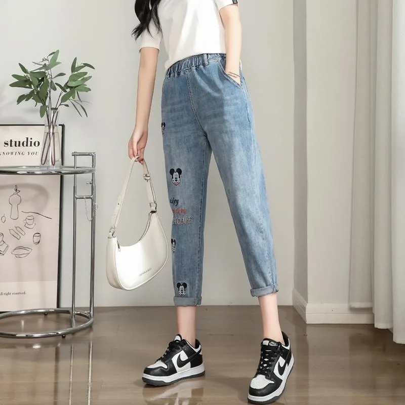 Women's 2026 New Mickey Embroidered Harem Jeans Petite Slim Fit Eight-Nine Point Denim Pants for Spring Summer ladies clothes