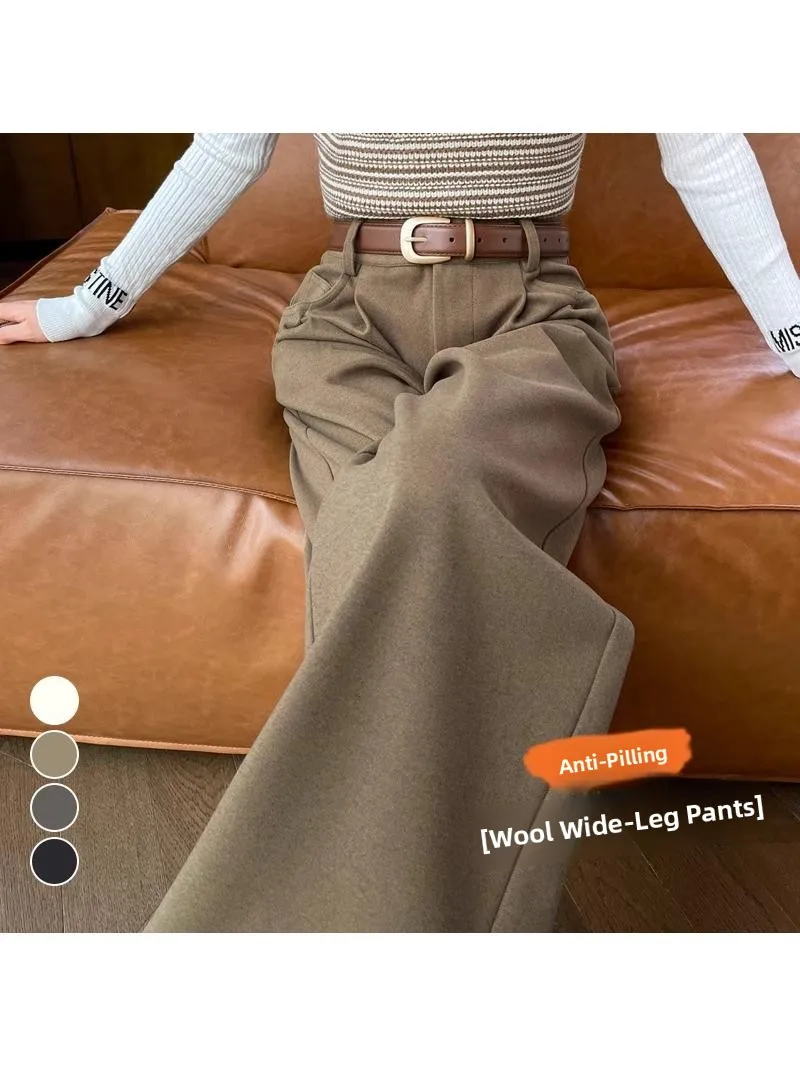Caramel Woolen Wide Leg Pants Women's High Waist Thickened Suit Pants Luxury Drape Straight Casual Trousers Trendy