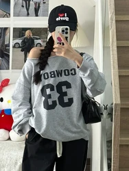 Cowboys 33 Print Loose Sweatshirt Women Raw Hem Slash Neck Cotton Long Sleeve Pullover Tops American Vintage Streetwear Hoodie