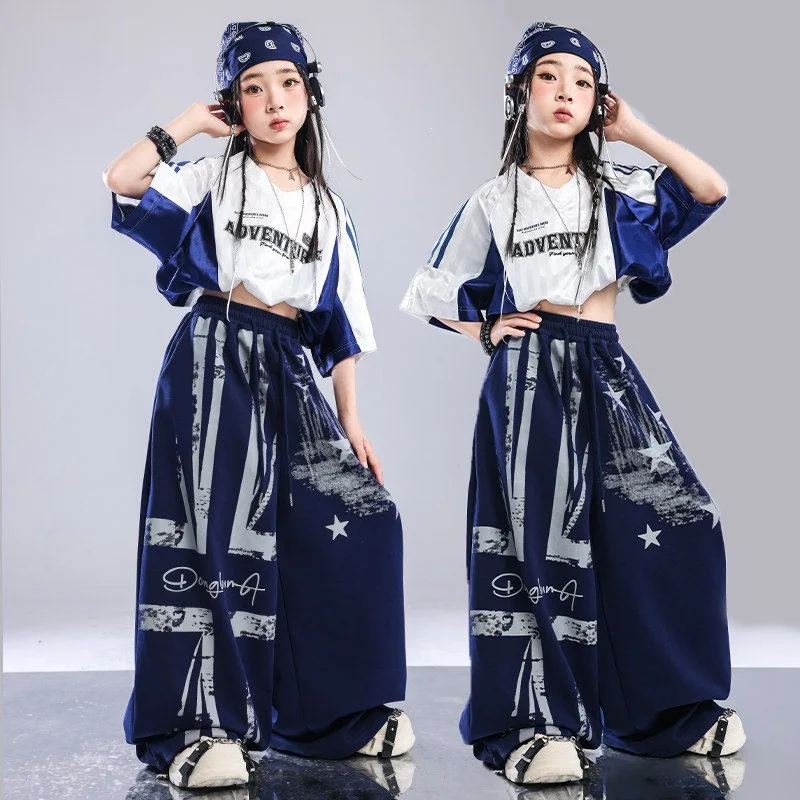 Girls Hip Hop Dance Clothes Set Blue white spliced crop tops Loose Sweatpants Street Dancewear Group Jazz Performance Costume