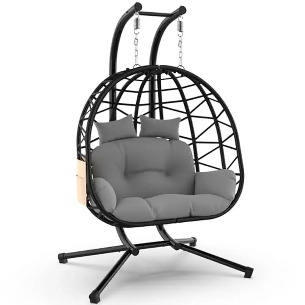 Large 2 Person Egg Swing Chair with Stand Rattan Wicker Swing with UV Resistant Cushion and Pillow Indoor Outdoor Hanging Egg