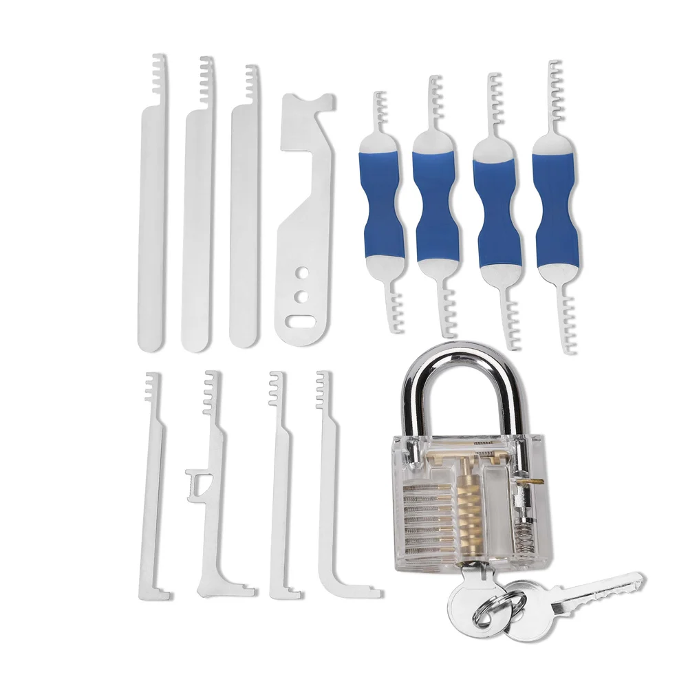 

13PCS Lock Picking Practice Kit Transparent Padlock 4 Comb Style Picks 4 Single Hook Tools Stainless Steel ABS Handles Ideal