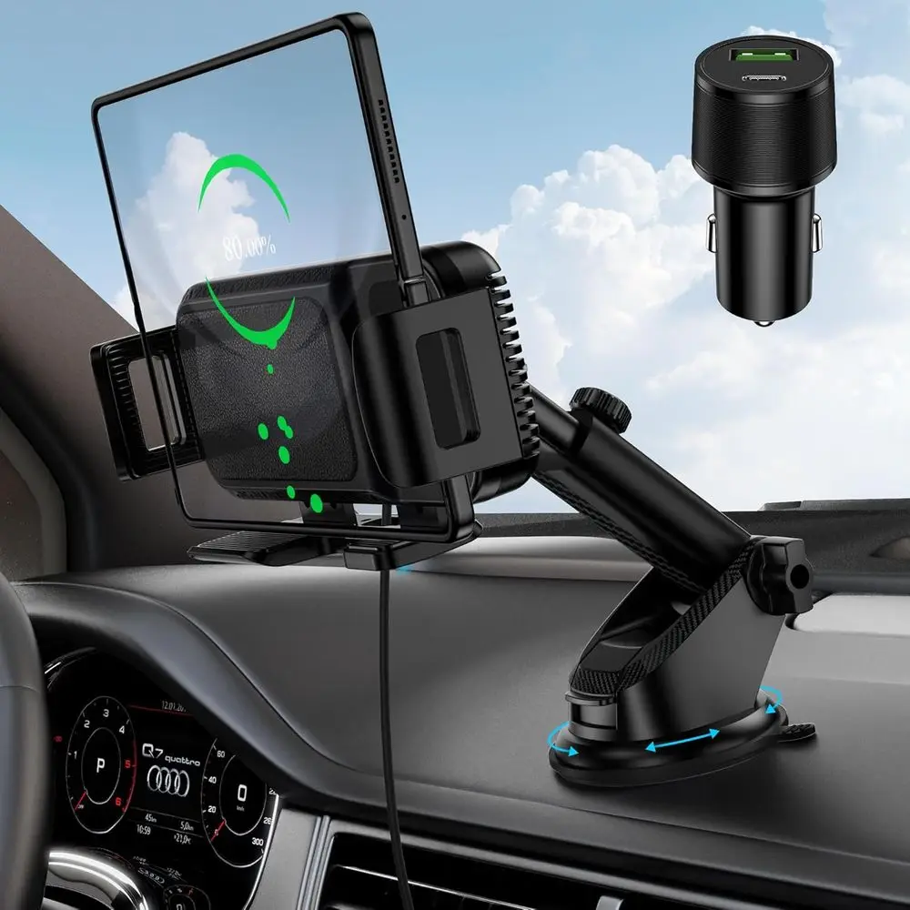 

Вращающийся автомобильный держатель для телефона с двойной катушкой 15 Вт, совместимый с iPhone 7/6/5/4/3/2, сериями Samsung S25/S24/S23/S22 и iPad, автомобильный кронштейн в комплекте