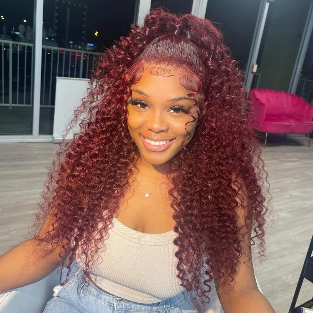 Parrucche Glueless a onda profonda di colore bordeaux 99J 13 × 6 Parrucche anteriori in pizzo trasparente HD 36 pollici Parrucca per capelli umani al 100% a densità 400 per le donne