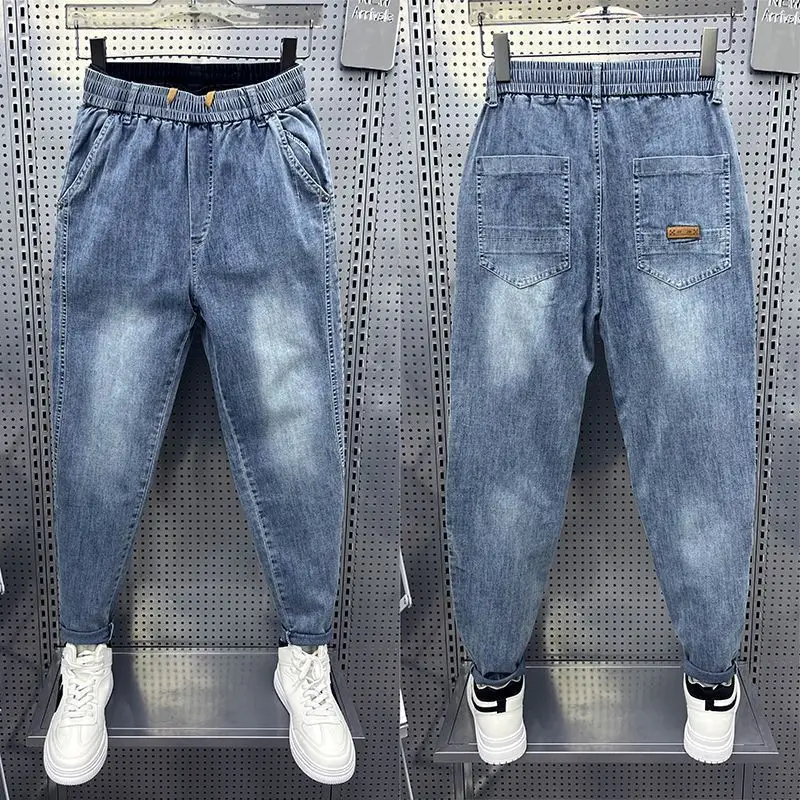 New Men's Loose Harem Jeans Elastic Waistband Slim Straight Leg Pants for Spring Autumn Low Rise Bottom Person Denim Trousers