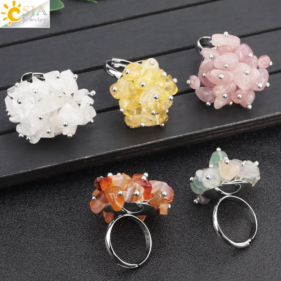 CSJA Natural Stone Ring for Women Reiki Pink Fluorite Quartz Chip Bead Handmade Flower Finger Rings Jewelry H321