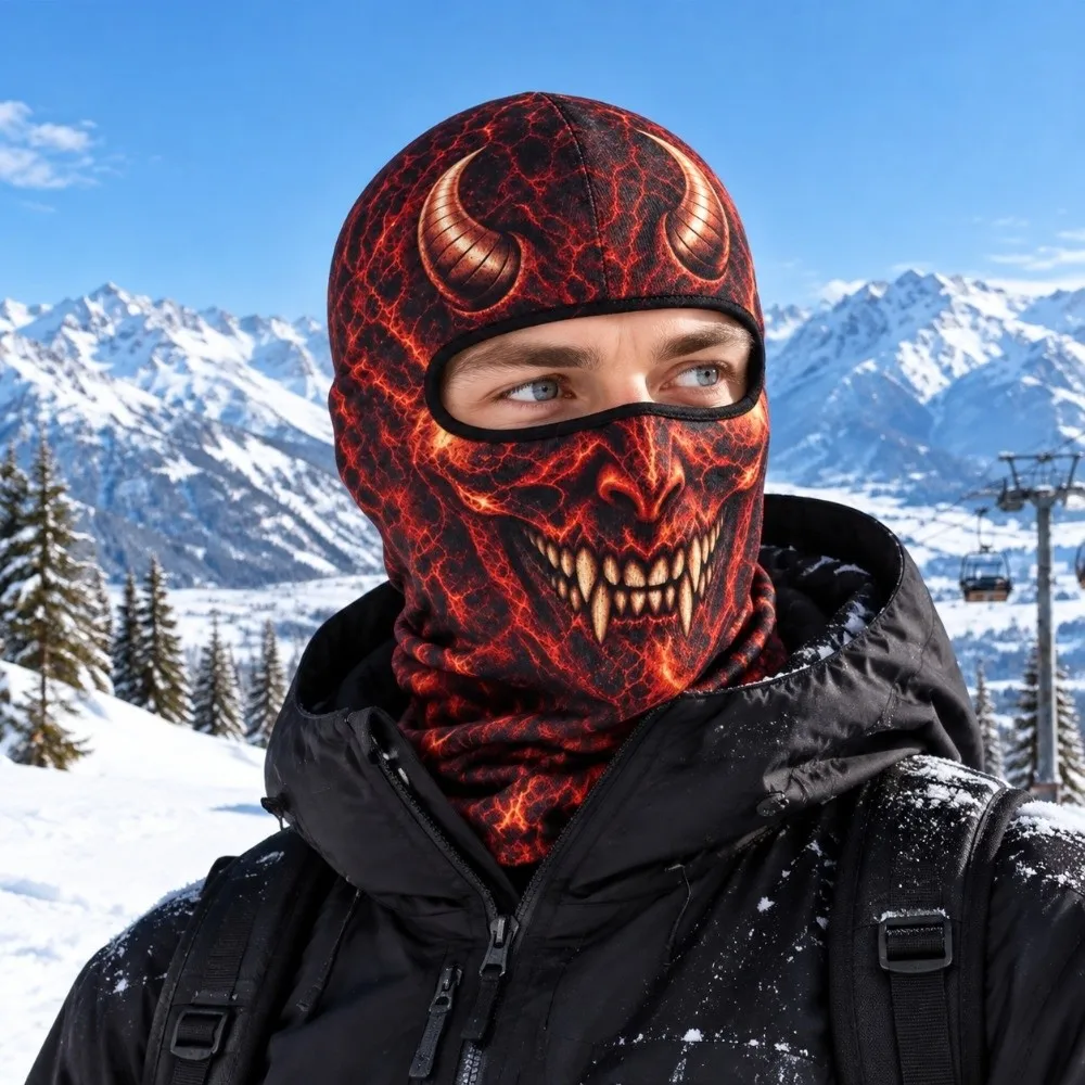 3D Printed Skull Demon Print Funny Ski Mask Breathable Eye Hole Full Coverage Ski Mask Hood Quick Dry Sweat Absorbent