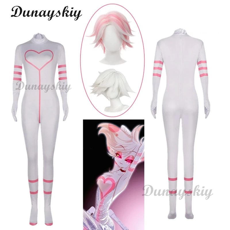 

Angel Dust Cosplay Costume Cartoon Hotel Rolelpaly Leather Jumpsuit Stockings Outfiits Women Halloween Party Suit