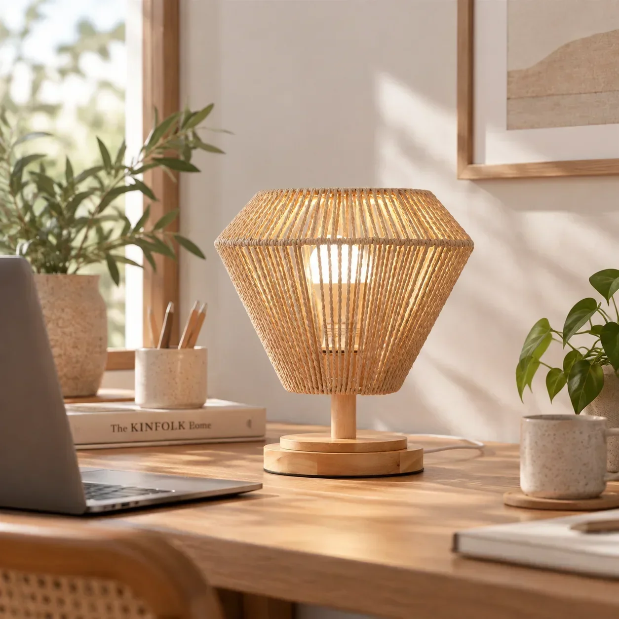 JOYINLED Boho Table Lamp Natural Paper Rope Woven Basket Lantern Light Small Bedside Lamp for Bedroom Living Room Home Decor