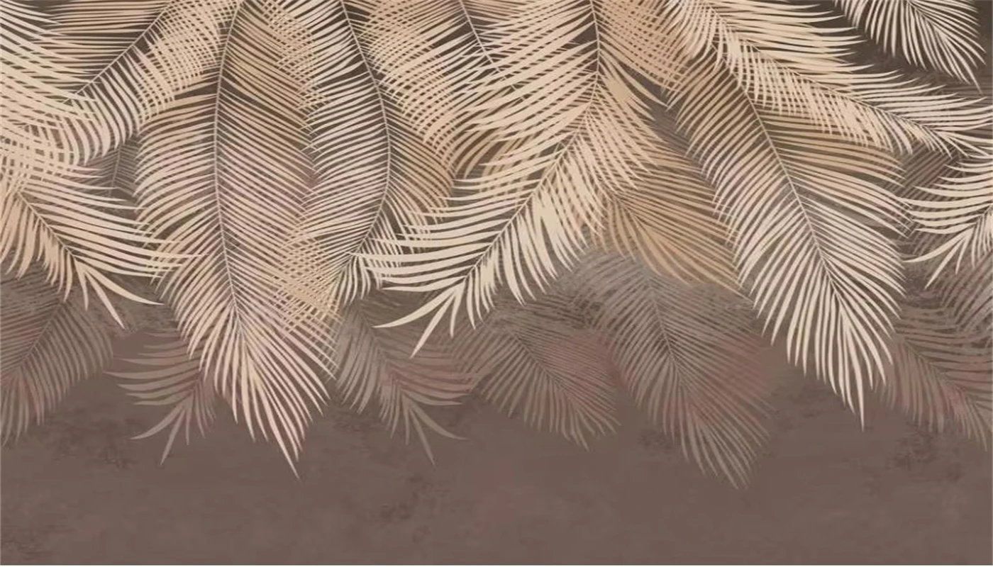 Customized Size Mural Living Room Sofa TV Background Plants Leaves Decoration Painting Grey Cream Caramel Leaves wallpaper