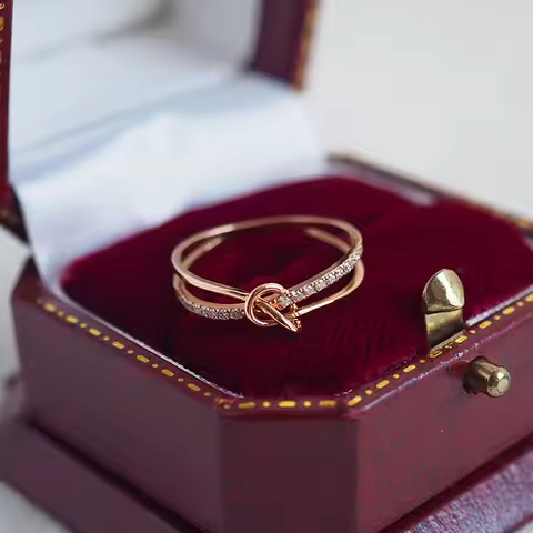 Exquisite 925 Sterling Silver Pav&eacute; Zircon Knot Double Layer Ring for Women Girls Wedding Fashion Luxury Rose Gold Jewelry