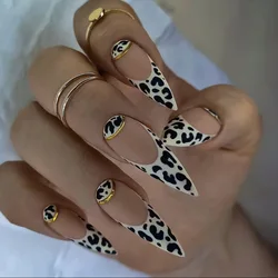 24Pcs French Fake Nail with Leopard Print Design Long Stiletto False Nails Wearabe Almond Press on Nails Full Cover Nail Tips
