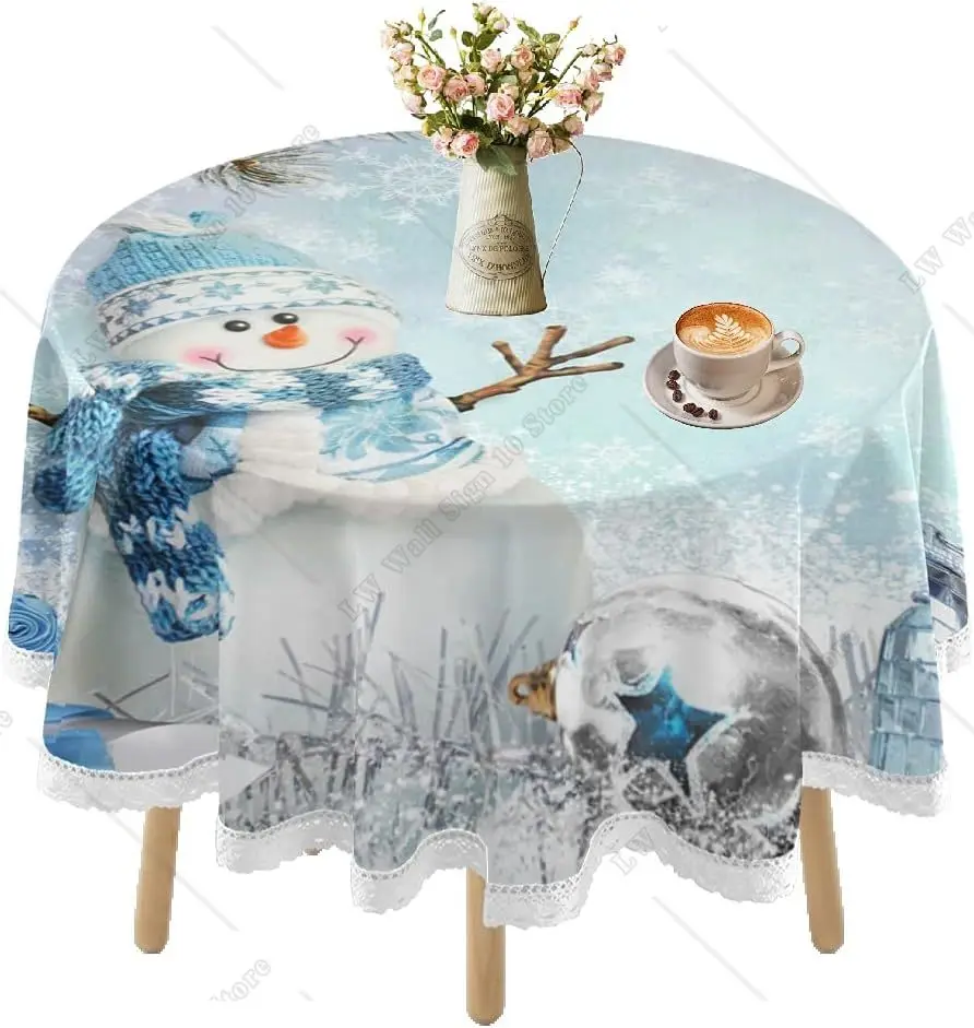 

Christmas Round Tablecloth 60 Inch Snowman Snowflake Table Cloth Wrinkle Stain Resistant Table Cover for Picnic Party Xmas Decor